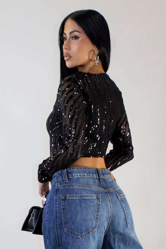 Sequin Tassel Drizzle Cropped Top- Black