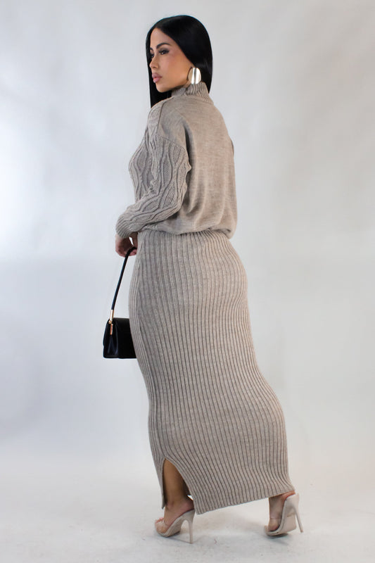 Cozy Up Knit Skirt Set- Taupe