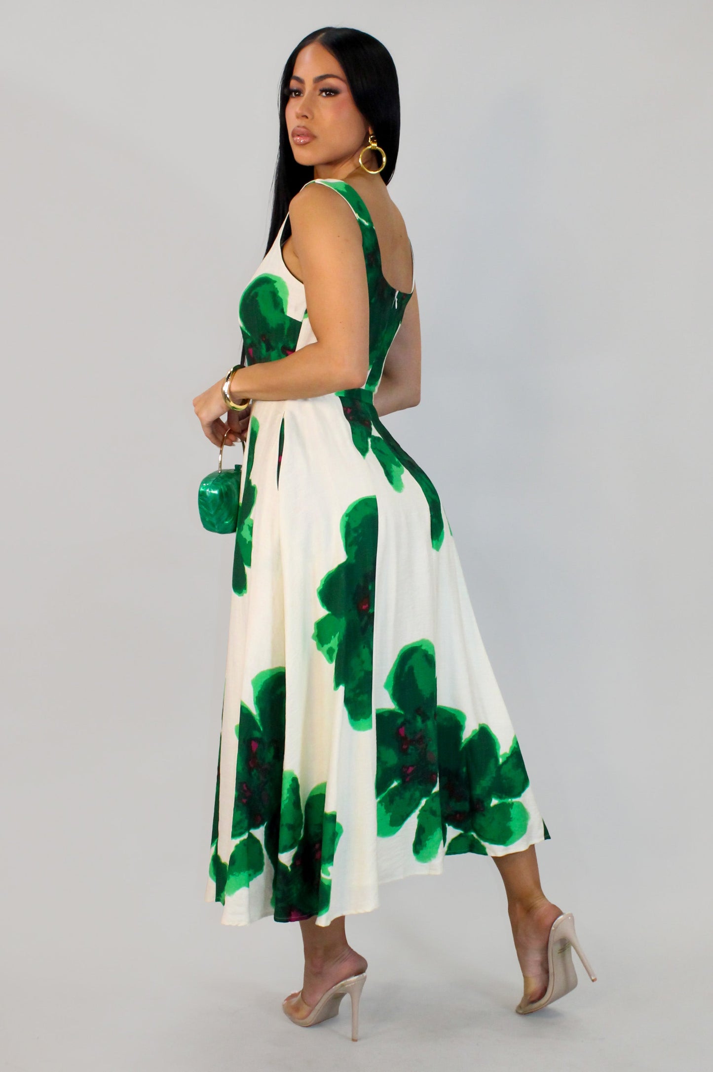 Poland Gardens Belted Dress- Cream/Green