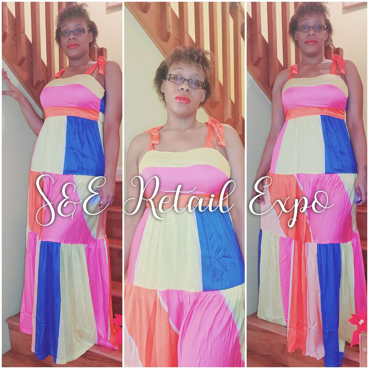 multicolored patched ribbon tiered maxi dress