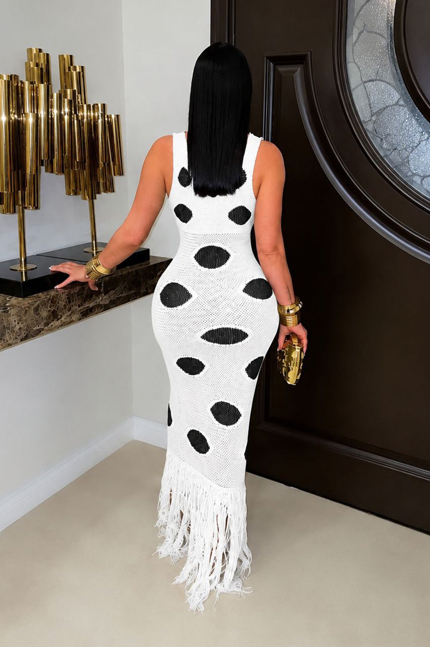 Black Polka Dots on White Fringe Dress