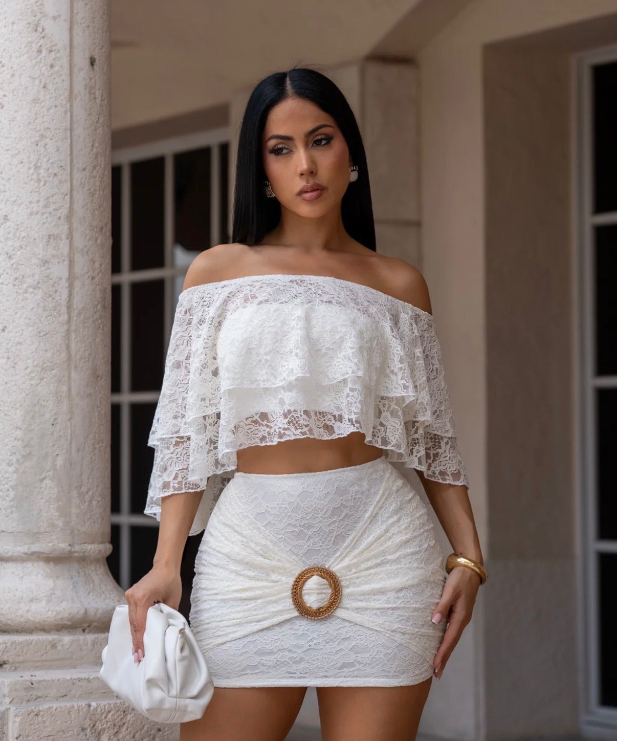 Playful Mirage Lace Skirt Set- White