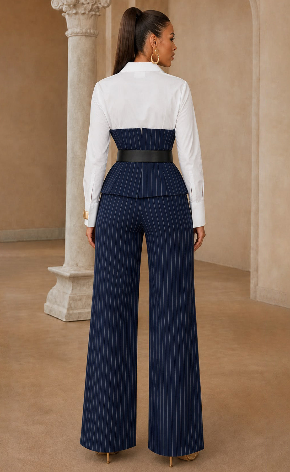 Elegant Striped Pants Set w/ Belt- Navy/White