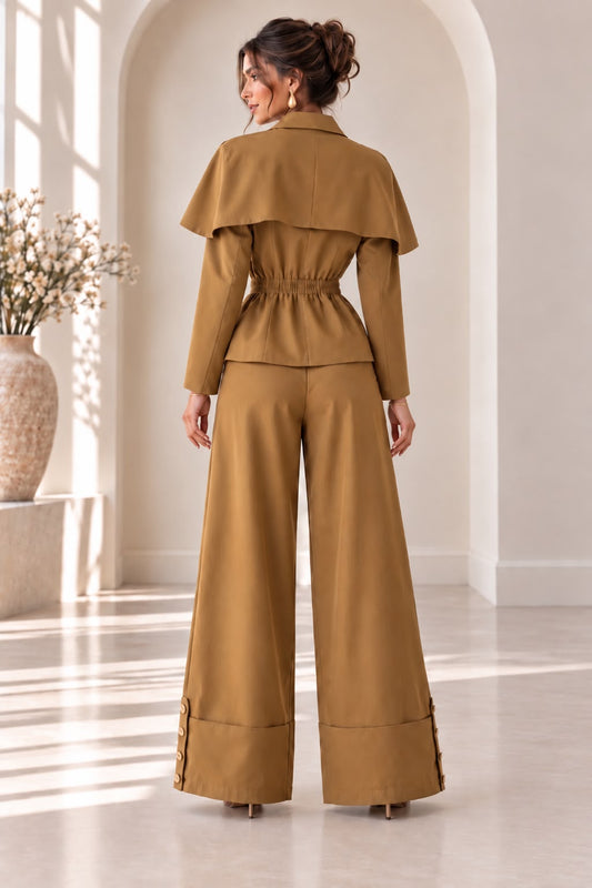 Cape Top & Pants Set- Brown