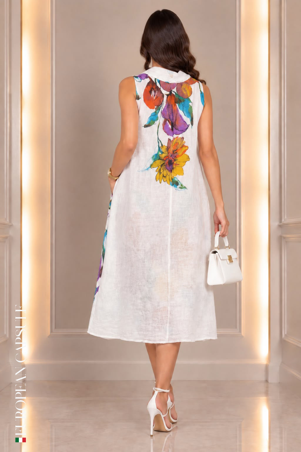 Italian Linen Catania Dress- White/Multi
