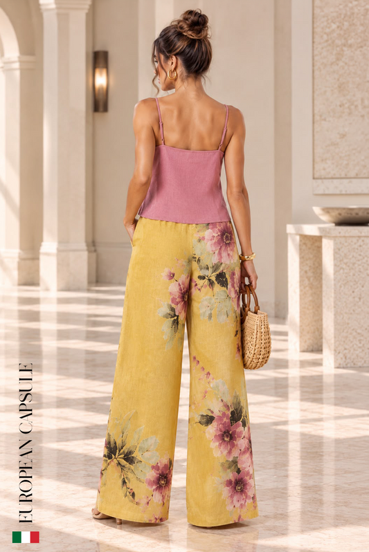 Italian Linen Subiaco Pants- Yellow/Floral