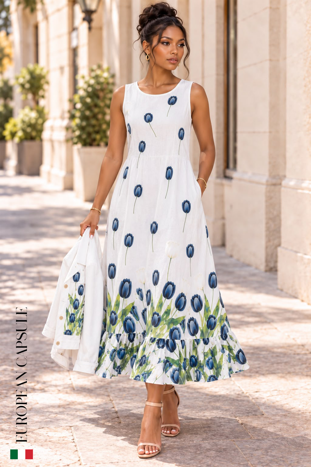 Italian Linen Dolce Incanto White Tulip Maxi Dress w/ Jacket