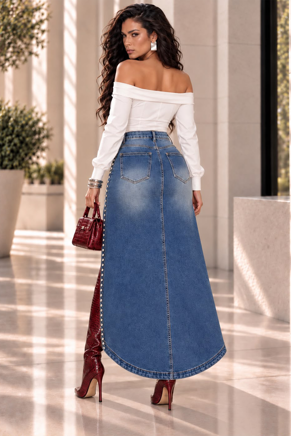 Mid Slit Rhinestone Denim High Low Skirt
