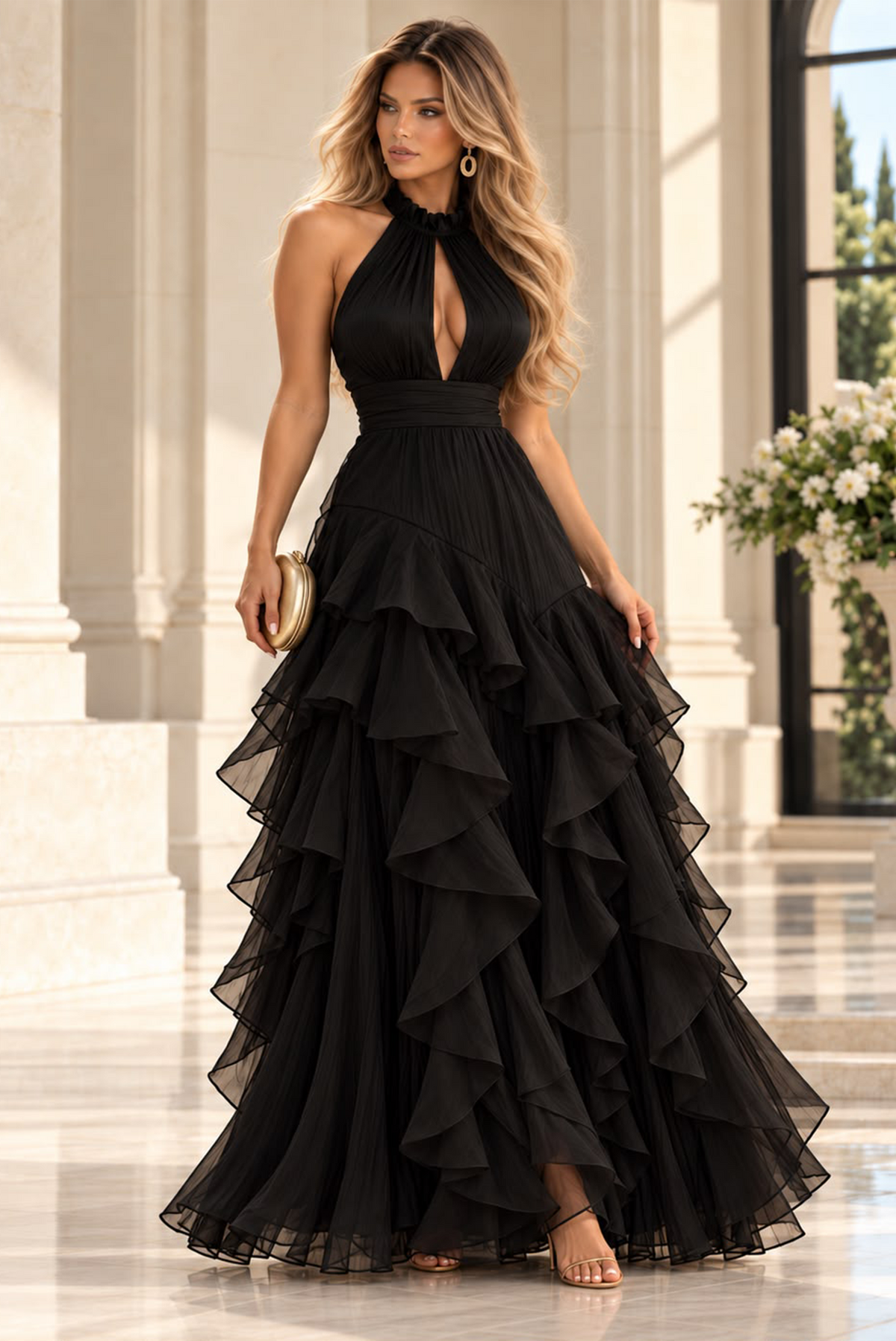 Sight Unseen Tiered Halter Neck Maxi Ruffled Dress- Black