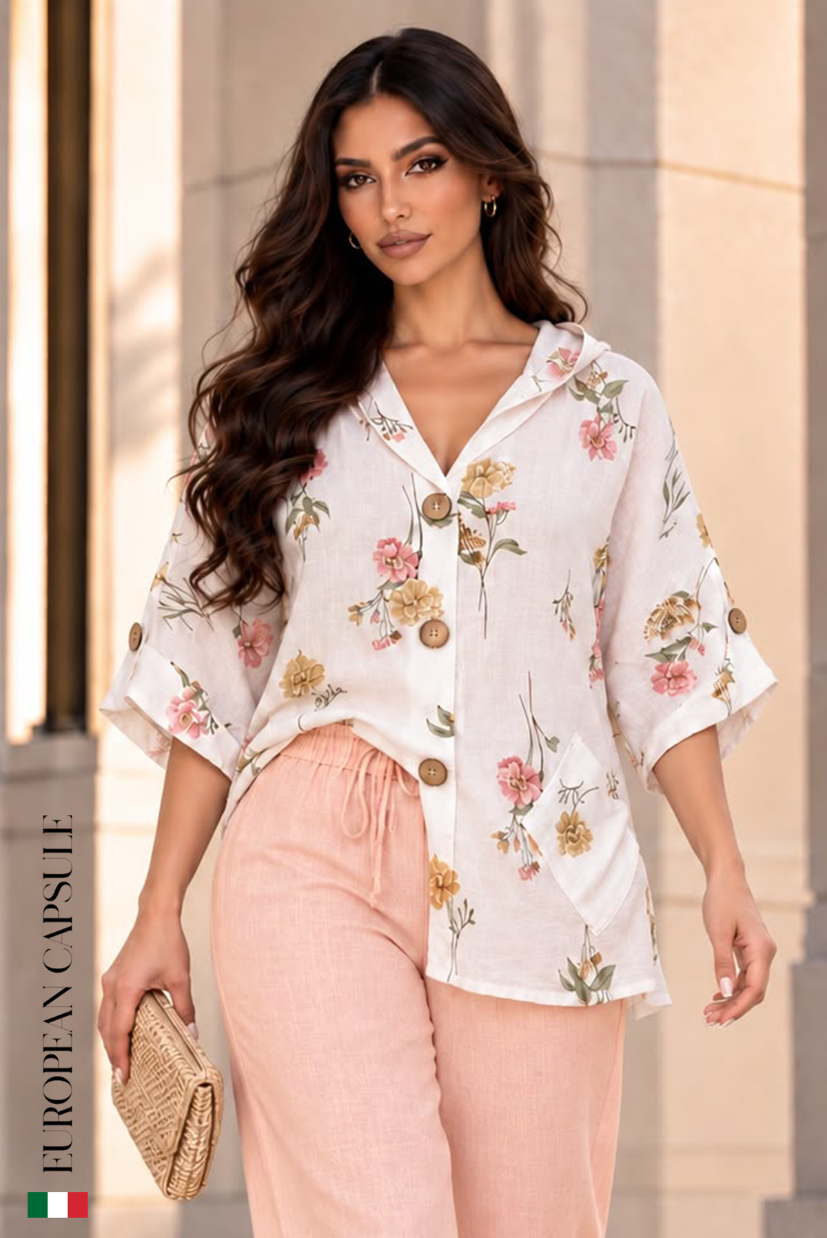 Italian Linen Grazia Di Un Sogno Top- White/Floral