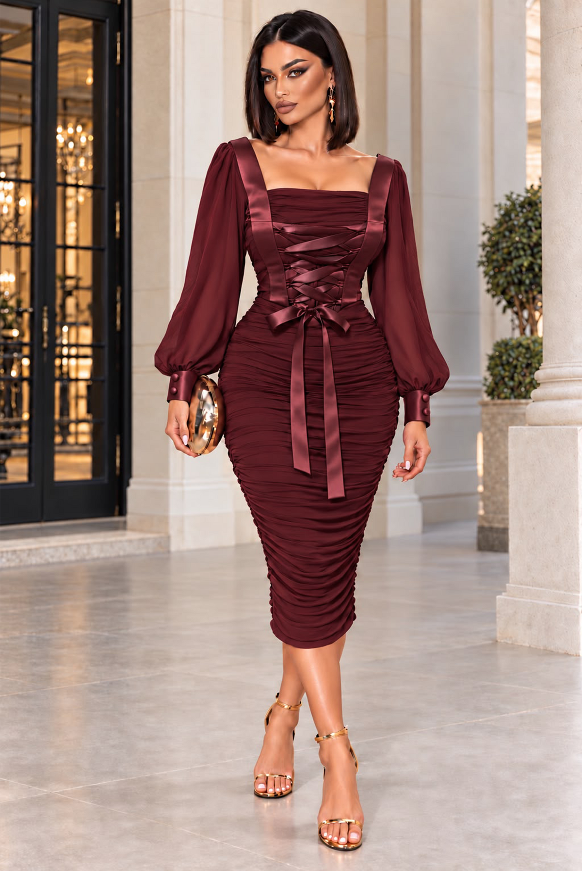 All Ruched Up Long Sleeve Midi Dress- Burgundy