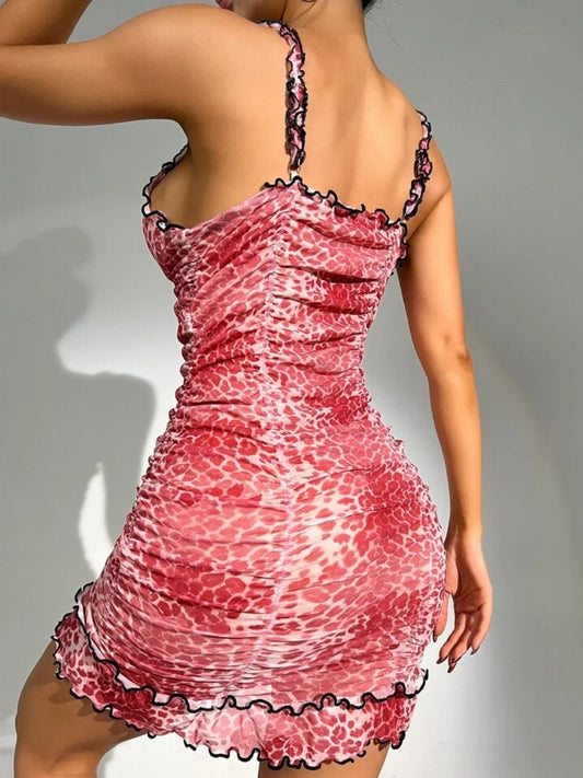 Pink Leopard Print Lettuce Trim Chemise Lingerie