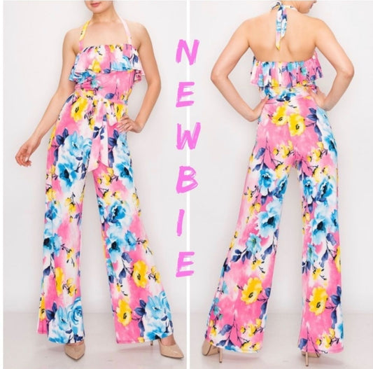 Wide Leg Halter Flower Jumpsuit