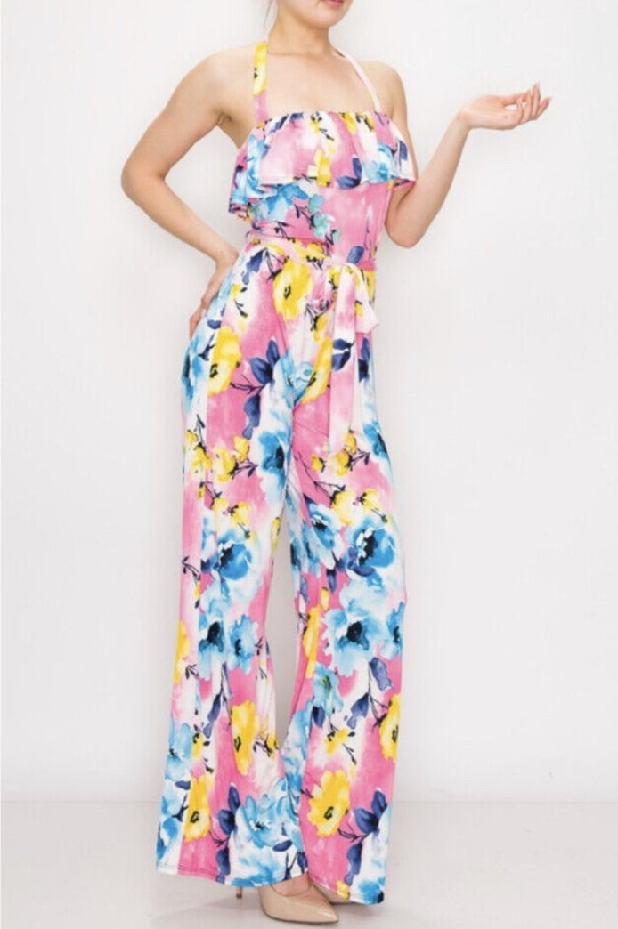 Wide Leg Halter Flower Jumpsuit