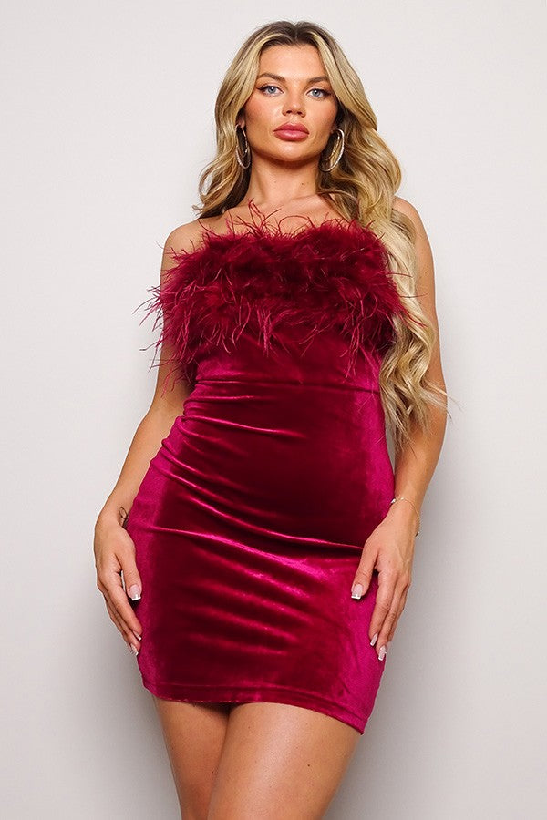 Fur Tipped Velvet Mini Dress- Burgundy