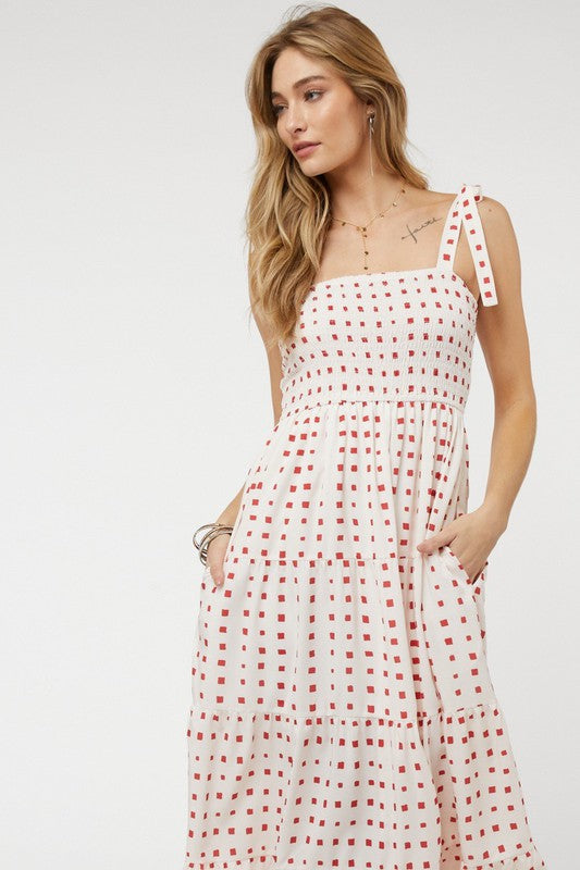 Shoulder Tied Smocked Ruffle Square Dot Printed Sundress