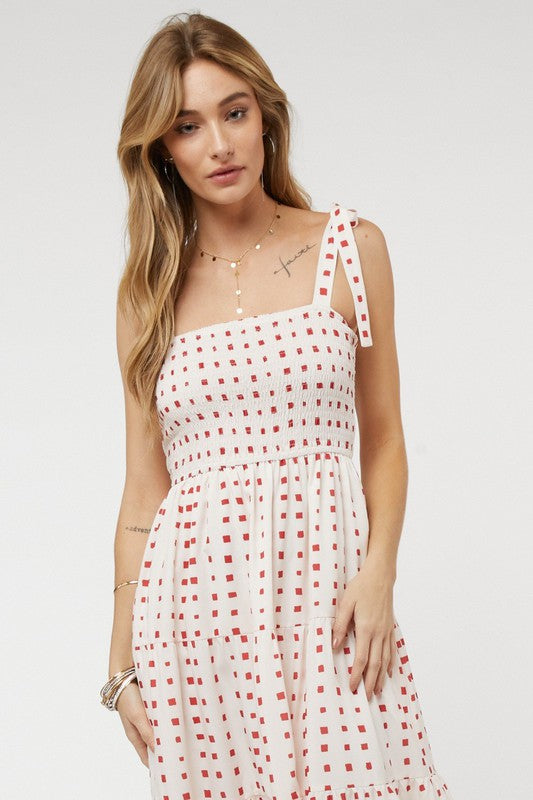 Shoulder Tied Smocked Ruffle Square Dot Printed Sundress
