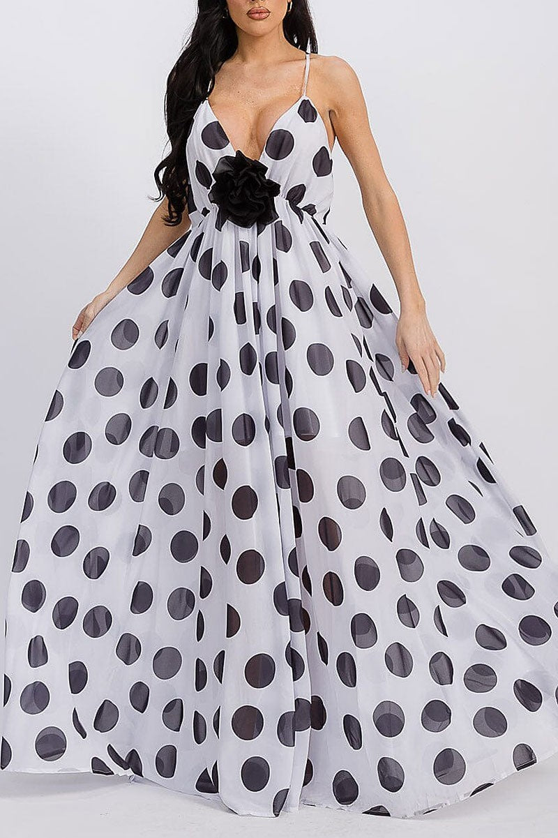 Polka Dot Black Flower Detailed Maxi Dress