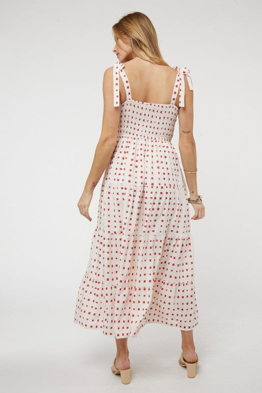 Shoulder Tied Smocked Ruffle Square Dot Printed Sundress