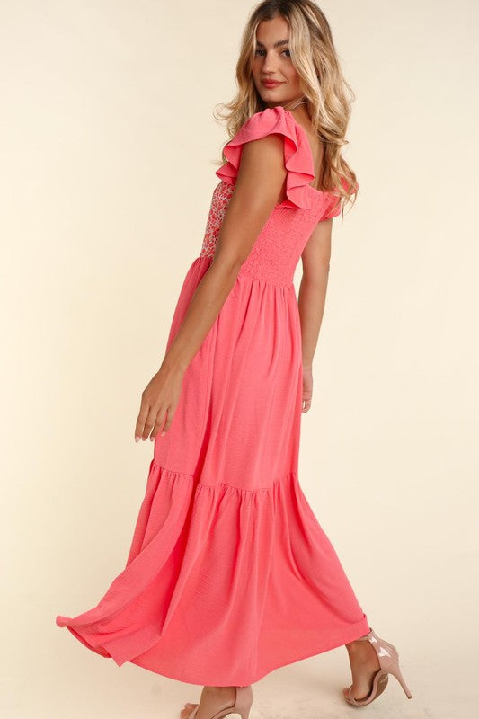 EMBROIDERY DOT WOVEN MAXI DRESS WITH SIDE POCKETS