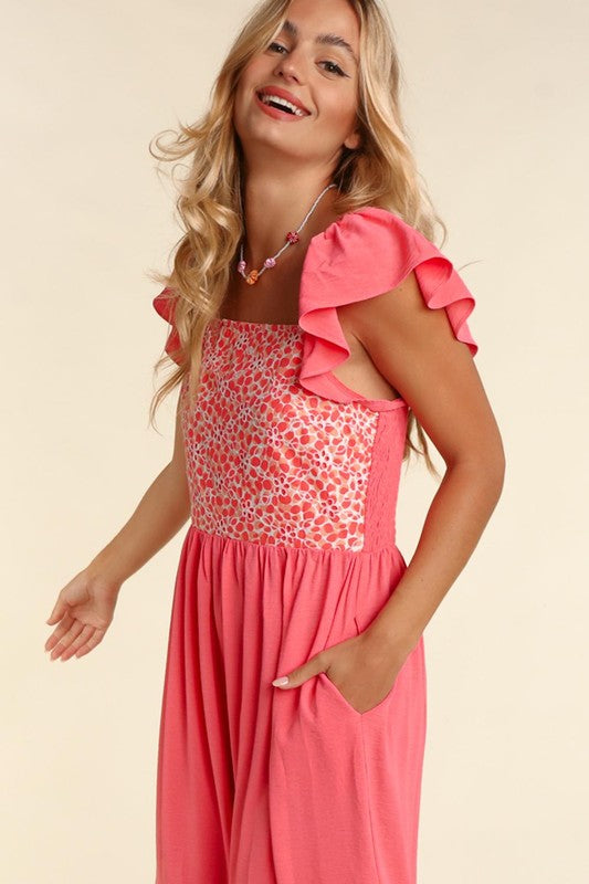 EMBROIDERY DOT WOVEN MAXI DRESS WITH SIDE POCKETS