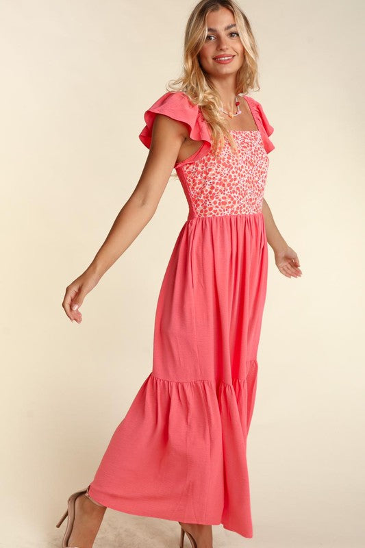 EMBROIDERY DOT WOVEN MAXI DRESS WITH SIDE POCKETS