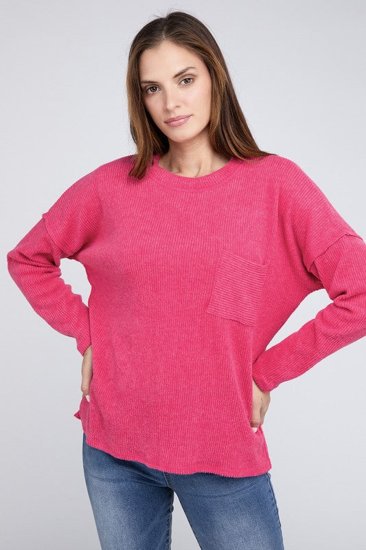 Ribbed Brushed Melange Hacci Sweater with a Pocket-5 Colors