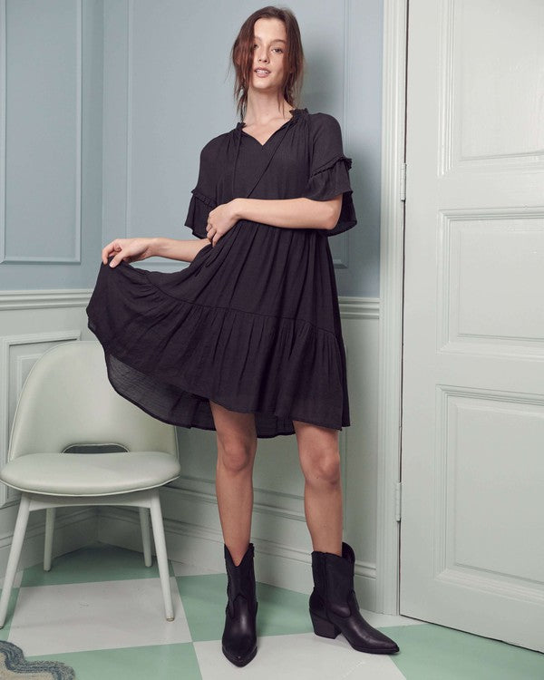 Plus Size Ruffled Neck Tiered Mini Dress-2 Colors