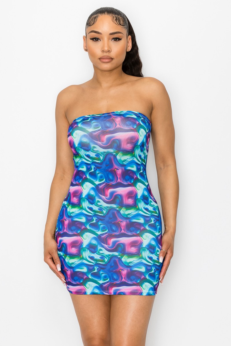 Multi Blue Water Color Tube Mini Dress