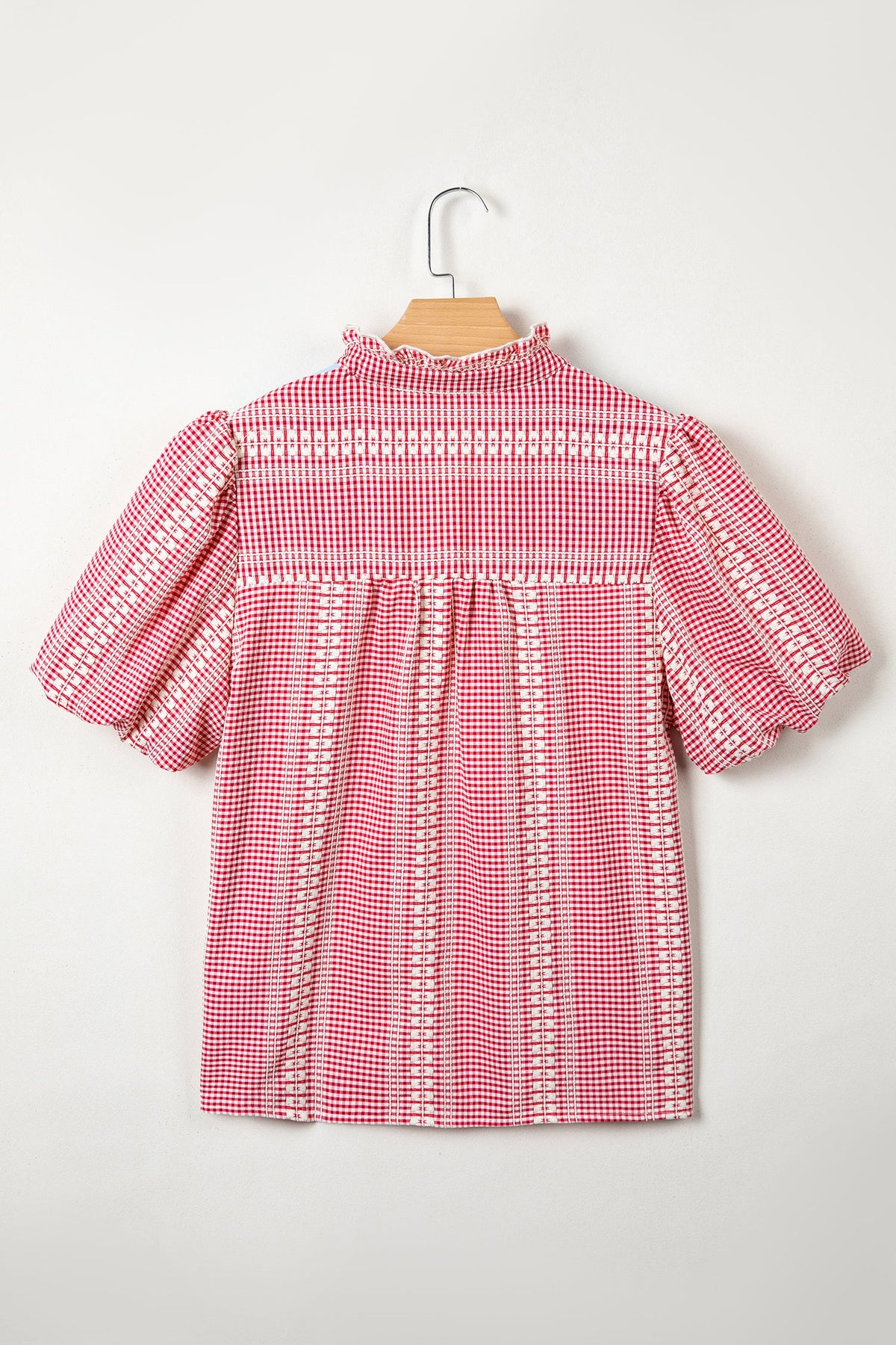 Blusa Xadrez Gingham com Manga Bufante e Bordado de Pônei Ocidental