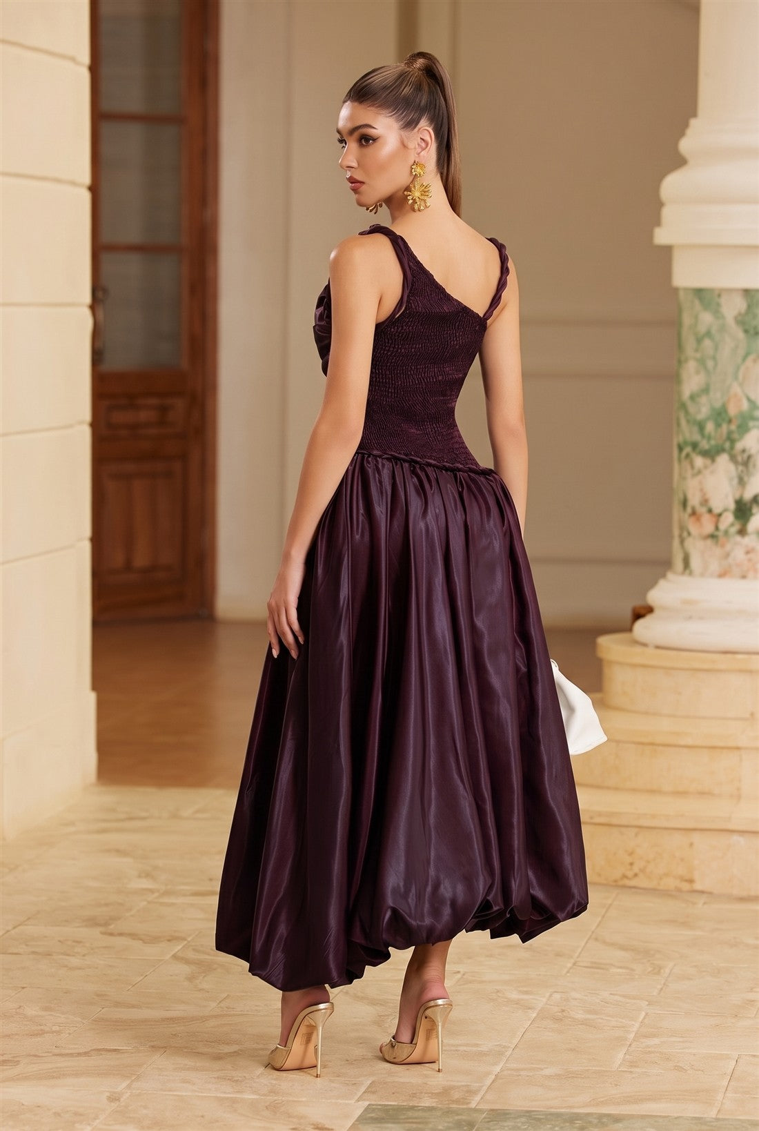 Satin Ruched Asymmetric Strap Bubble Hem Midi Dress- Wine