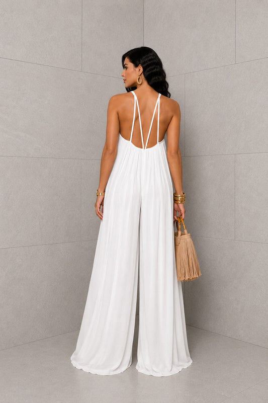 Raffia Topped Pleated Jumpsuit- White