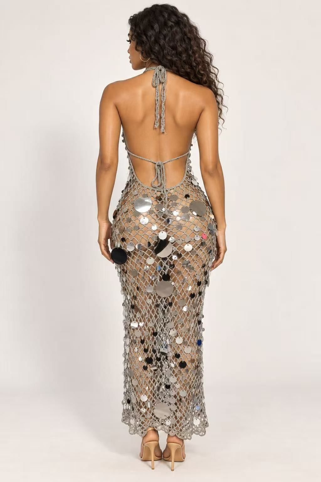 Enchanted Sequin High Leg Slit Halter Dress- Silver