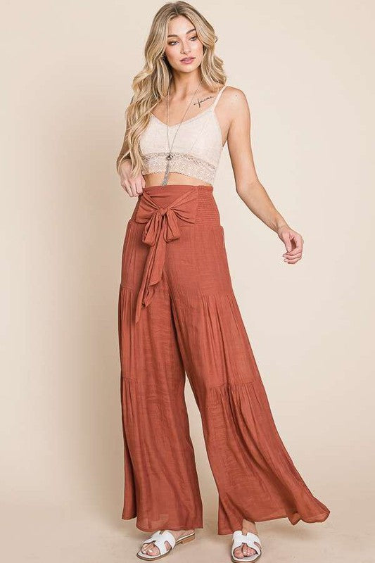 Plus Size Tie Front Ruched Waist Back Pants-3 Colors
