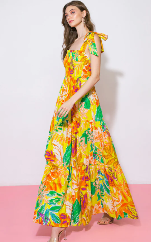 Floral Print Smocked Ruffle Maxi Dress