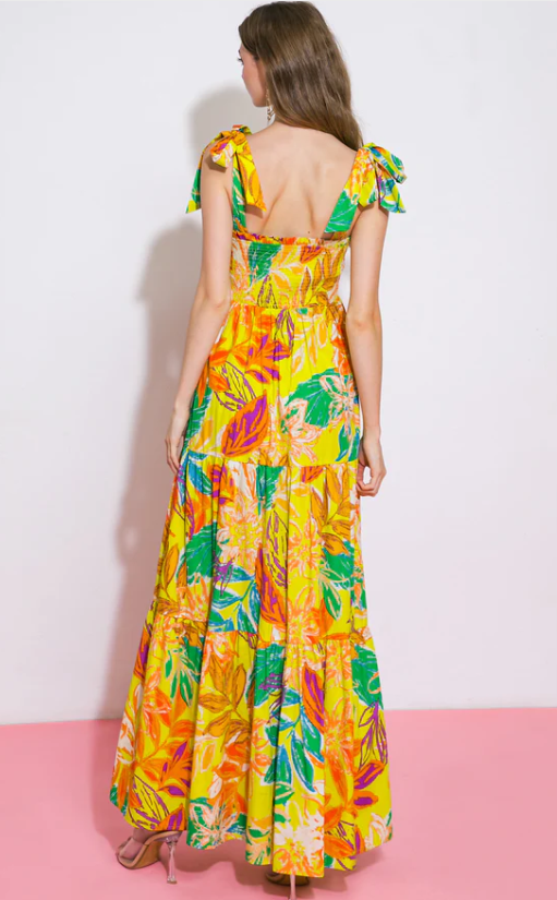 Vestido Longo Floral com Franzido e Babados