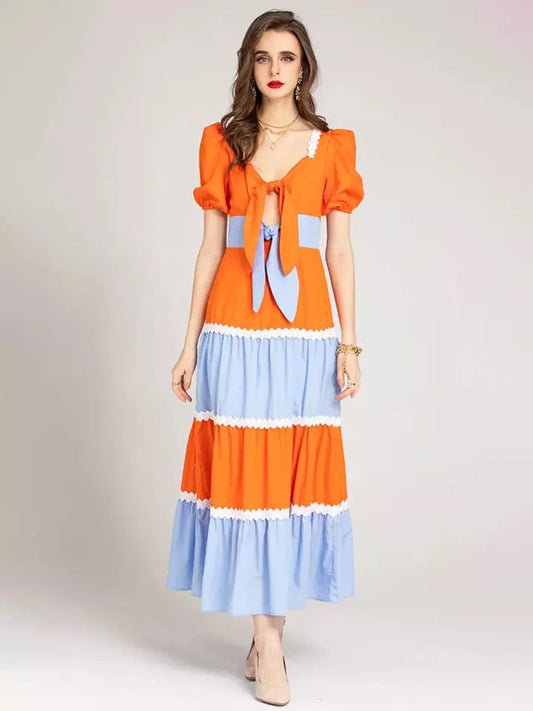 Two-Toned Puff Sleeve Maxi Dress