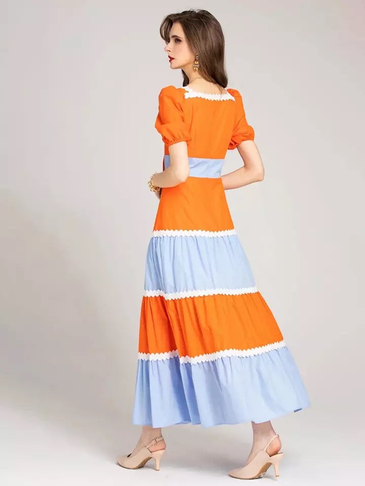 Two-Toned Puff Sleeve Maxi Dress