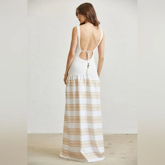 Knit Stripe Combo Maxi Dress- White