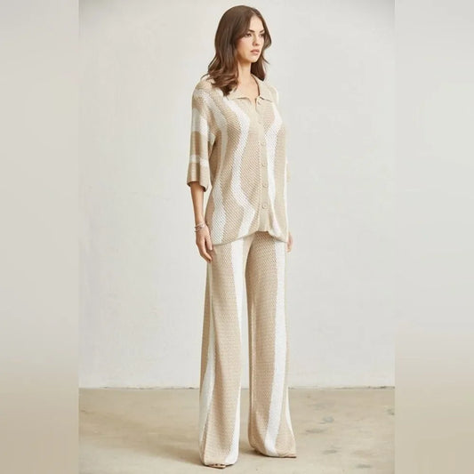 Rich Look Wavy Knit Top & Pants Set- Nude