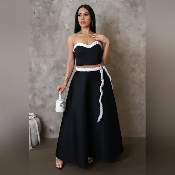 Solid Black & White Roped Maxi Skirt Set