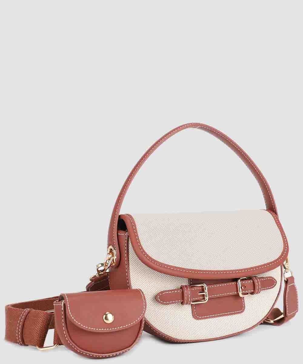 Saddle Flap Bag w/ Detachable Pouch- Brown