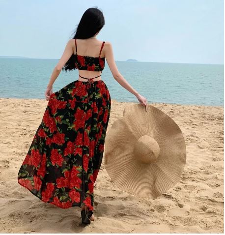 Red Roses Floral Open Back Dress