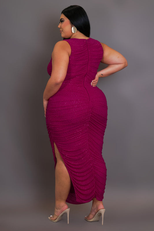 Plus Size Rhinestone Ruched Midi Dress