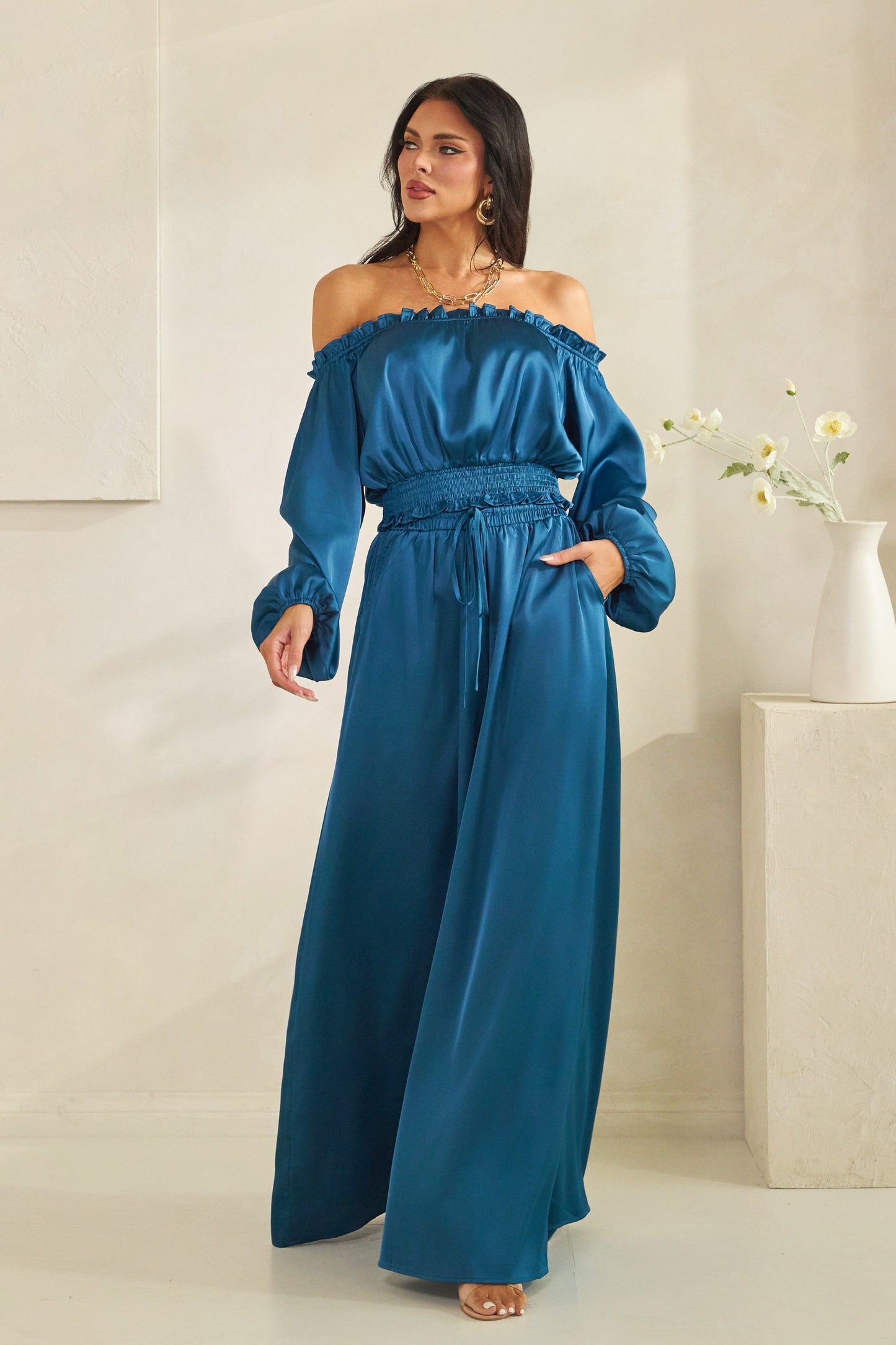 Solid Satin Off Shoulder Lsv Top W/Palazzo Pants Set-Blue