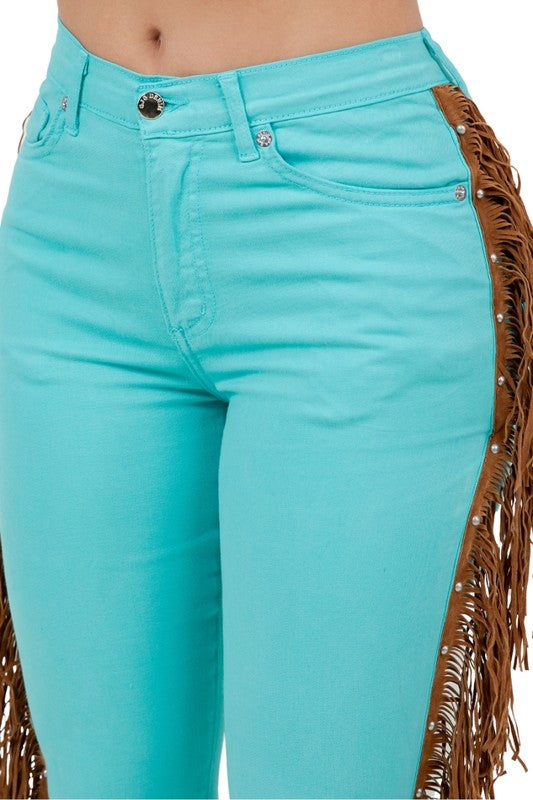 Calça Jeans com Franja Texas Sun Turquesa - Inseam 34