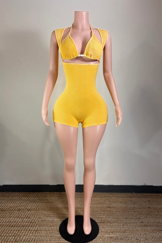 Ribbed Solid Romper- Yellow
