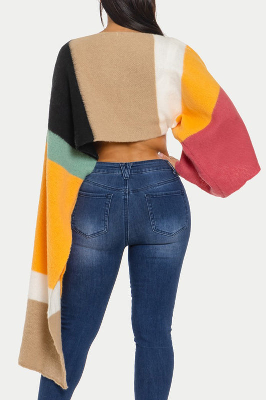Color Block Unbalanced Sleeve Crop Sweater Top