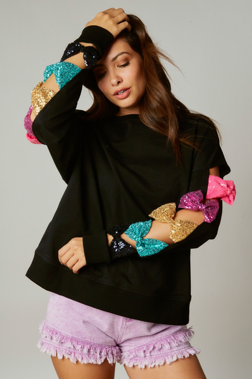 French Terry Sequin Multicolor Bow Sweatshirt- Black