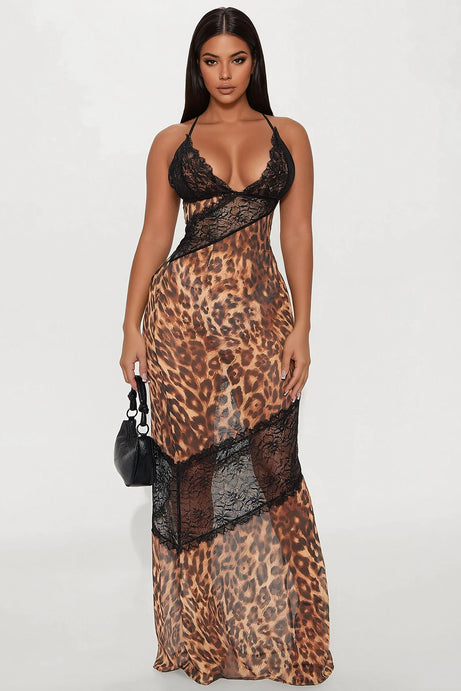 Vestido Longo Chiffon Estampa Onça e Renda